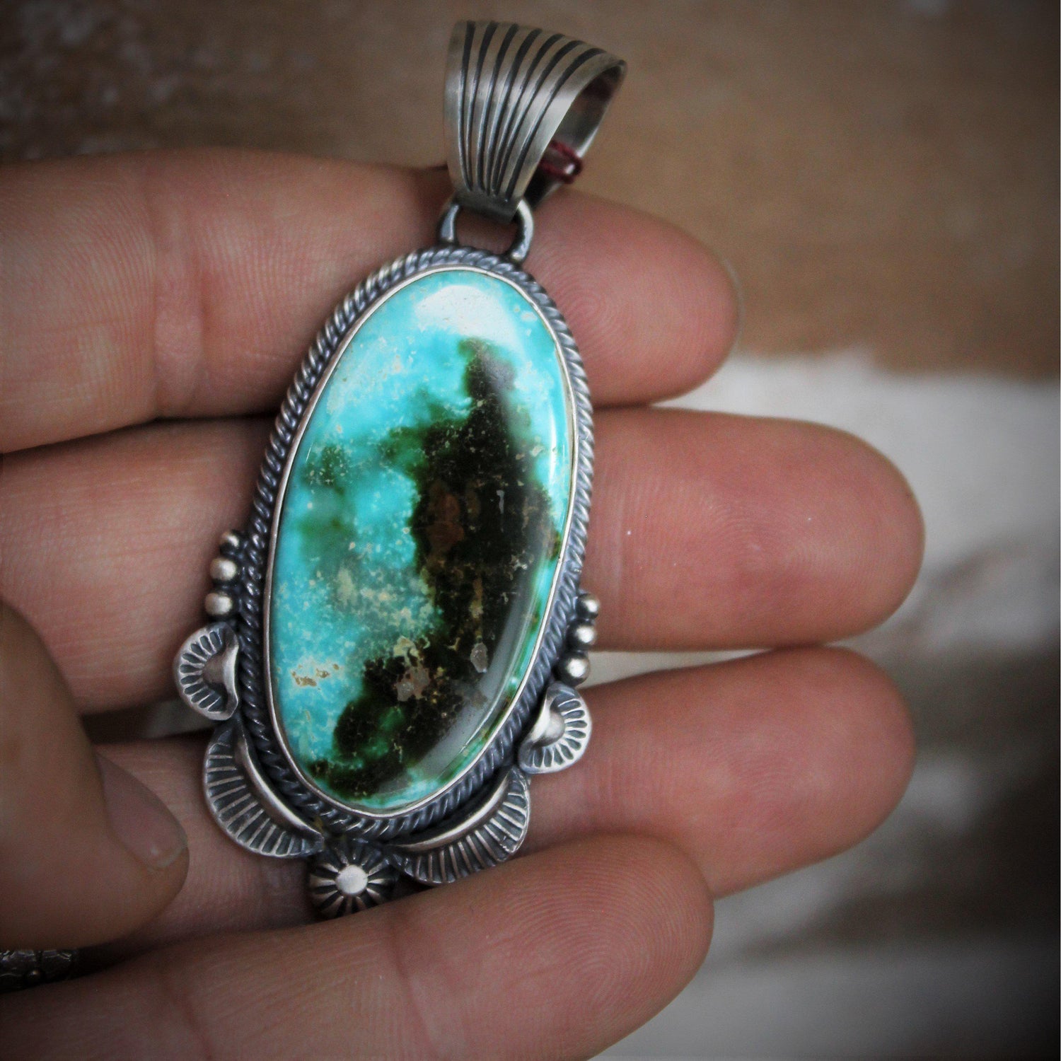 Royston Turquoise Long Oval Pendant set in sterling silver-Atomic 79